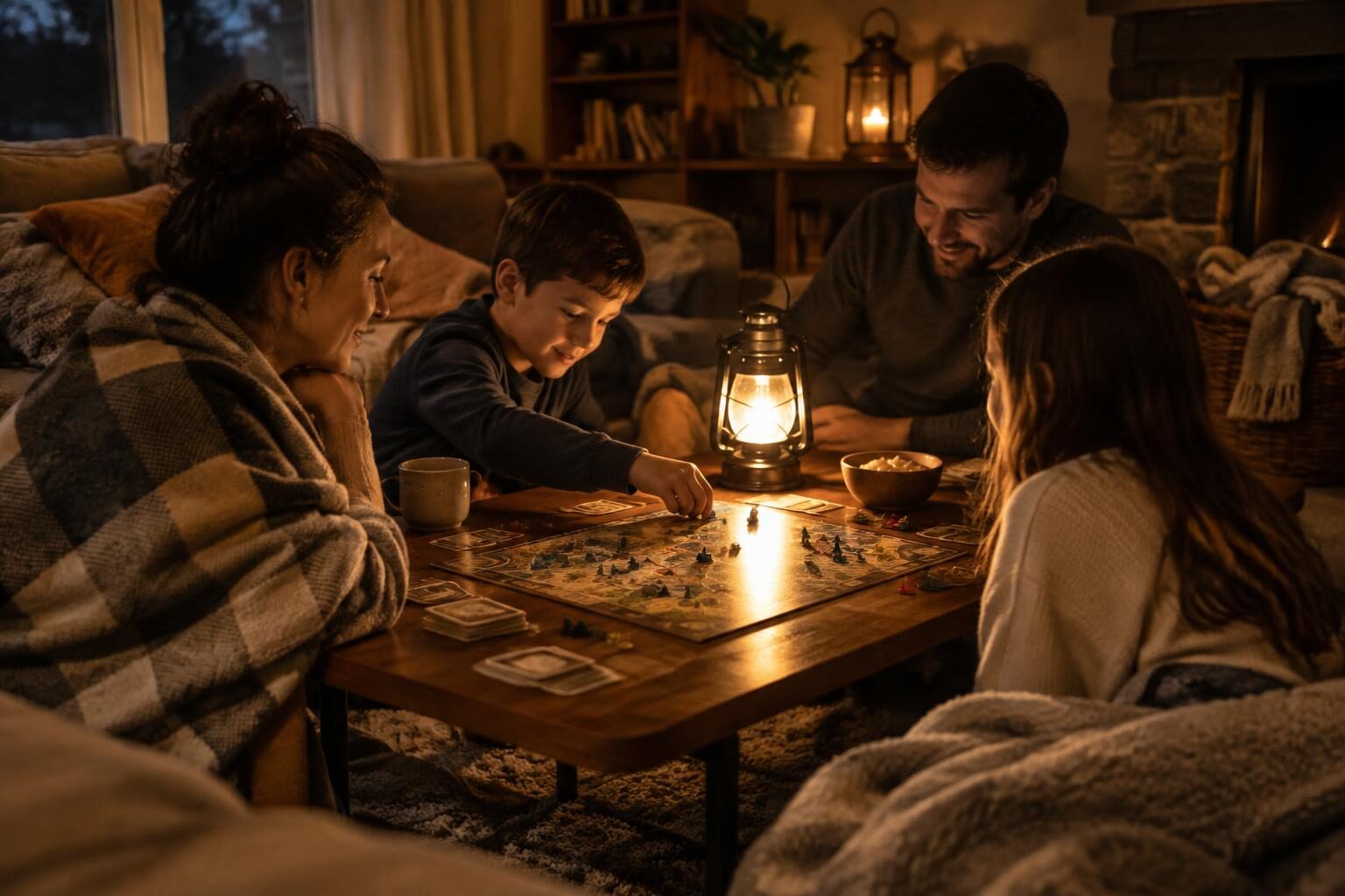 A family playing a board game together by lantern light during an outage