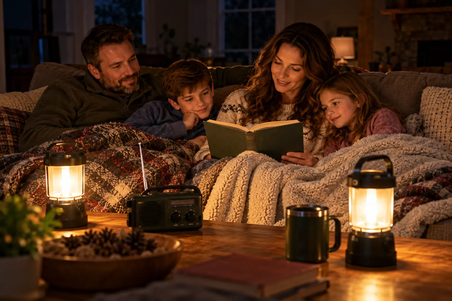 Family reading together by lantern light with blankets during a power outage