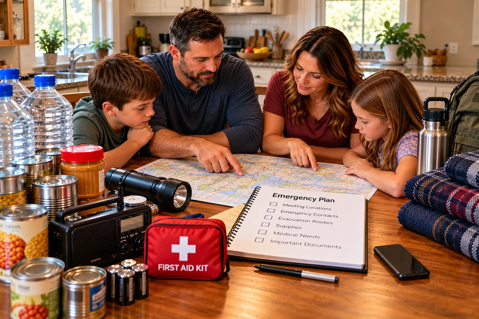 Family gathered around a kitchen table reviewing an emergency plan and map
