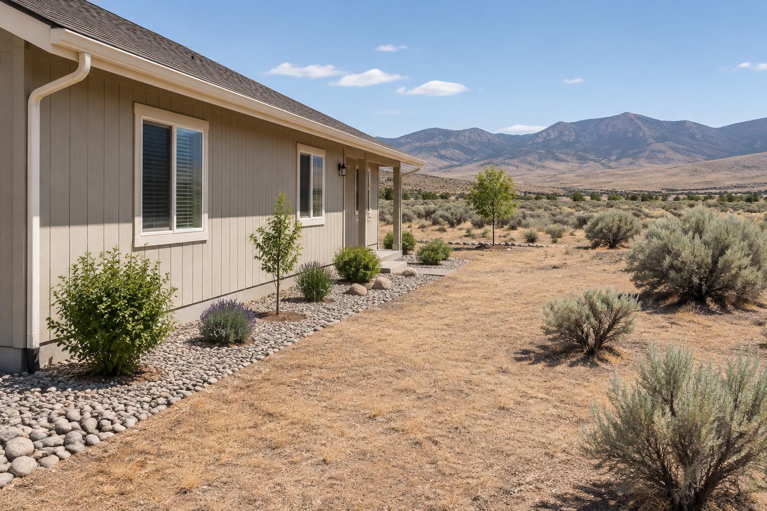 A home in the Nevada high desert with gravel and green plants right around the house and trimmed, spaced-out sagebrush beyond