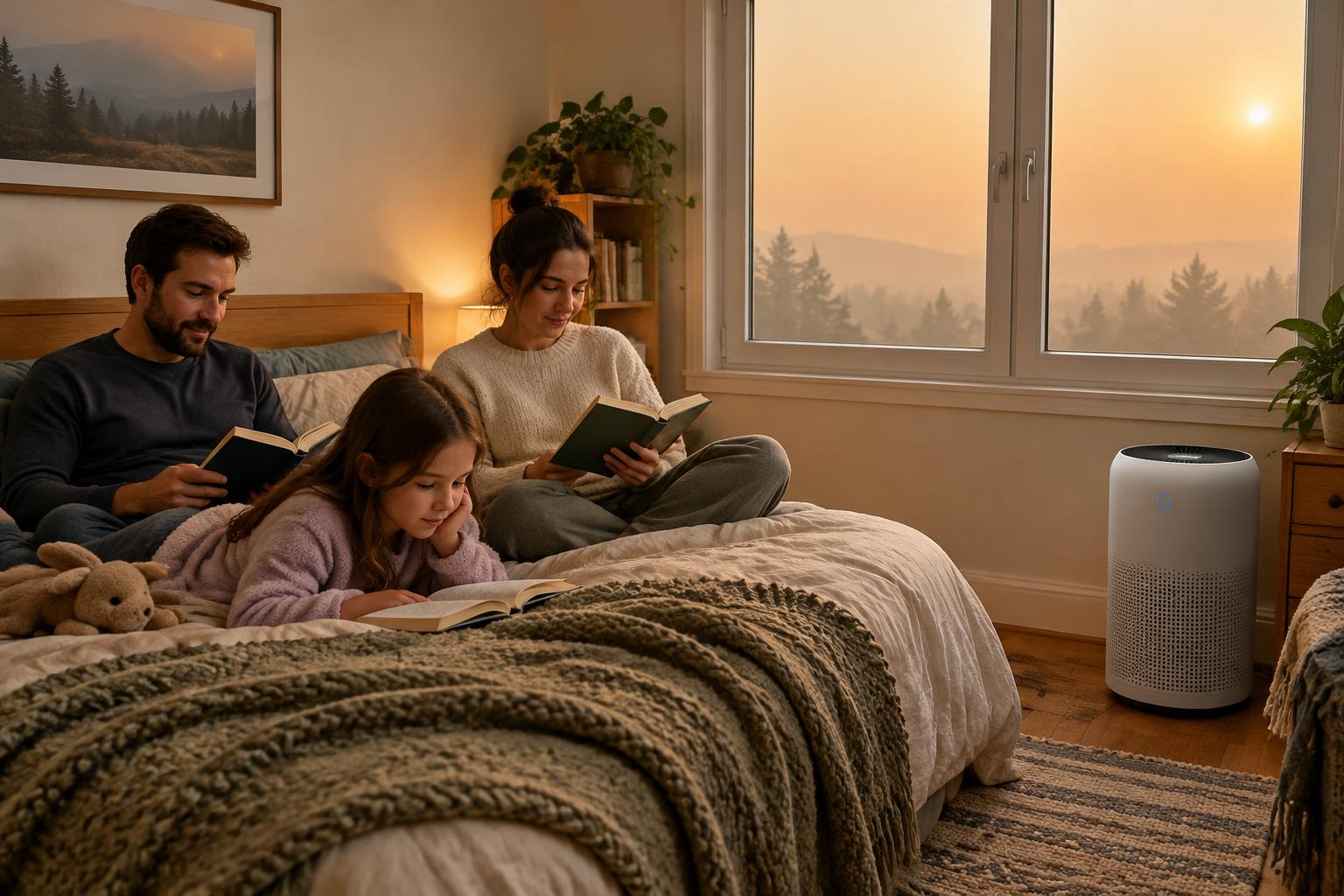A family reading in a bedroom with the windows shut and a portable air purifier running, hazy orange light outside