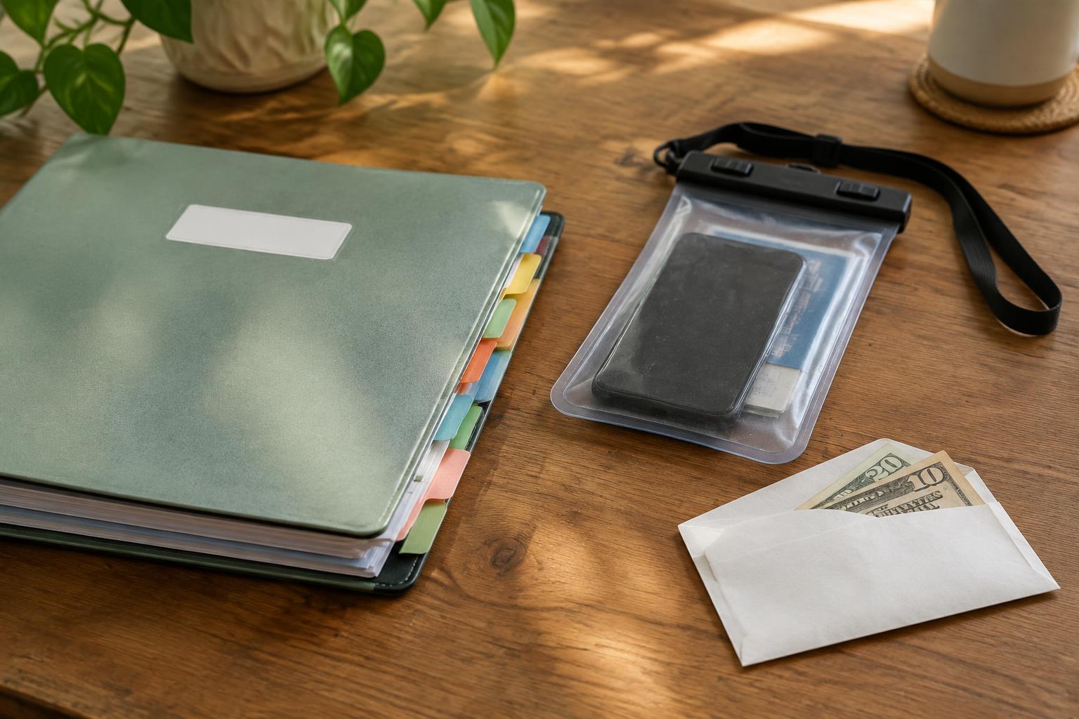 A labeled binder with document tabs next to a waterproof pouch and a small envelope of cash on a desk