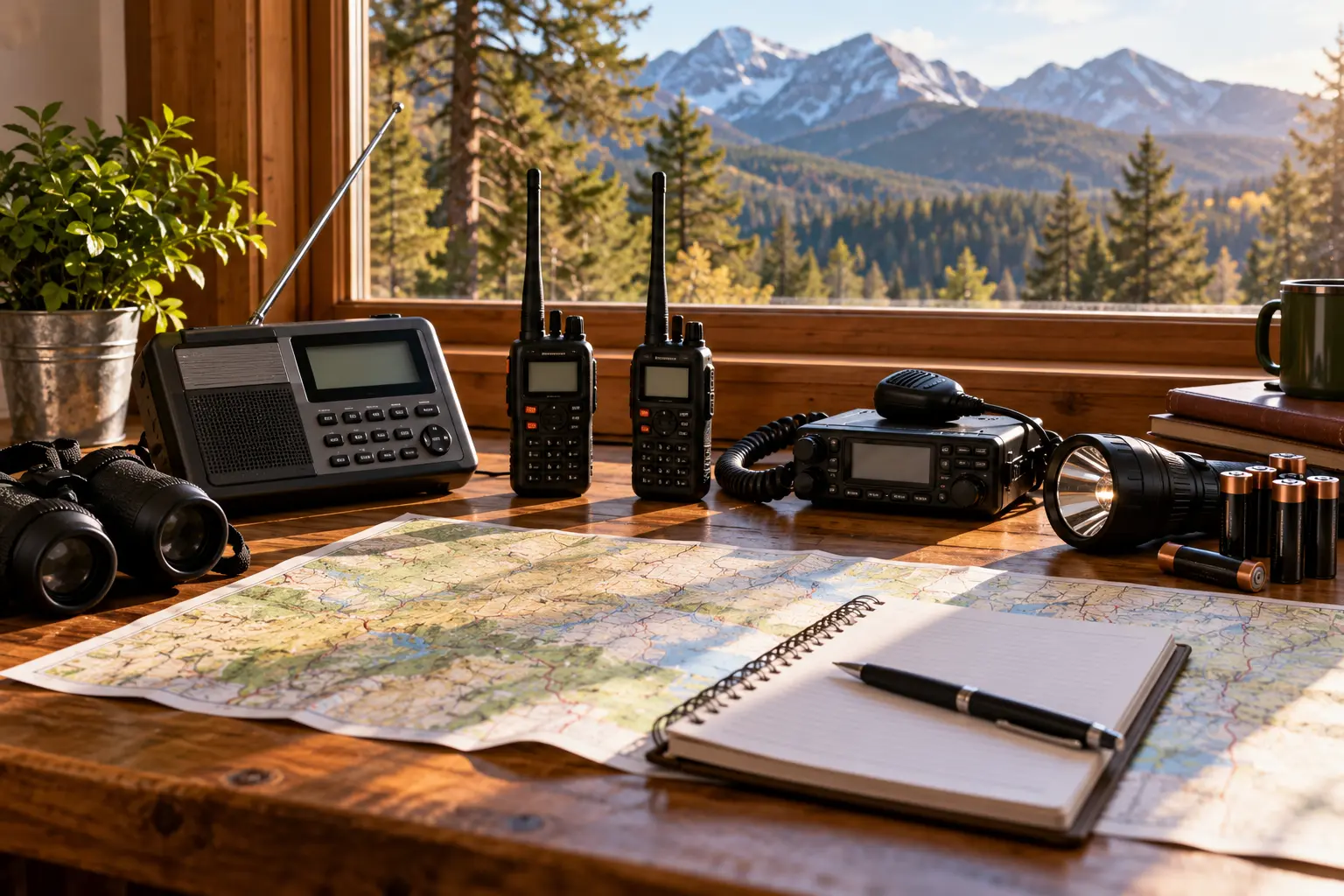 Weather radio, two-way radios, map and notebook on a desk overlooking the mountains