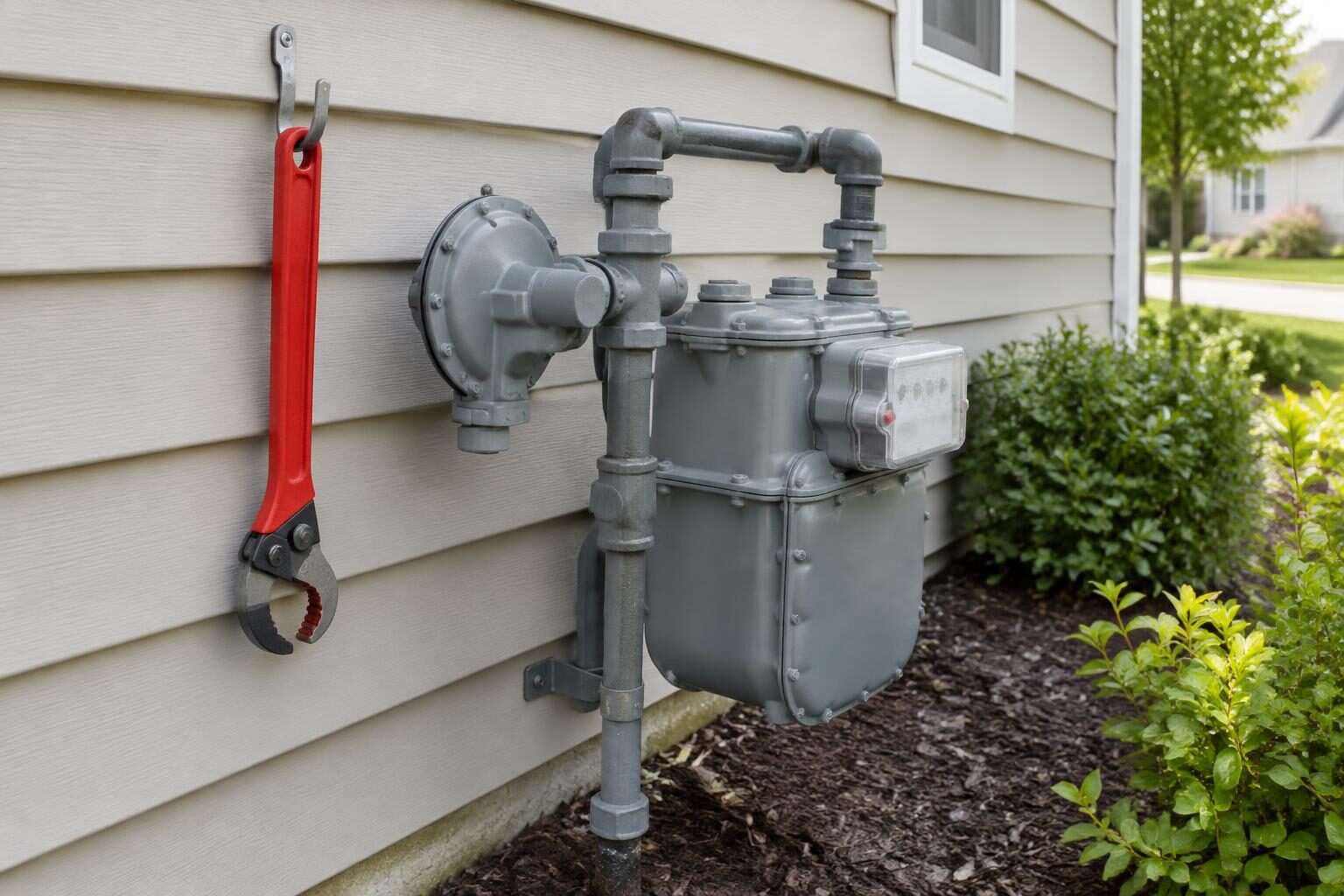A gas shutoff wrench hanging next to a residential gas meter