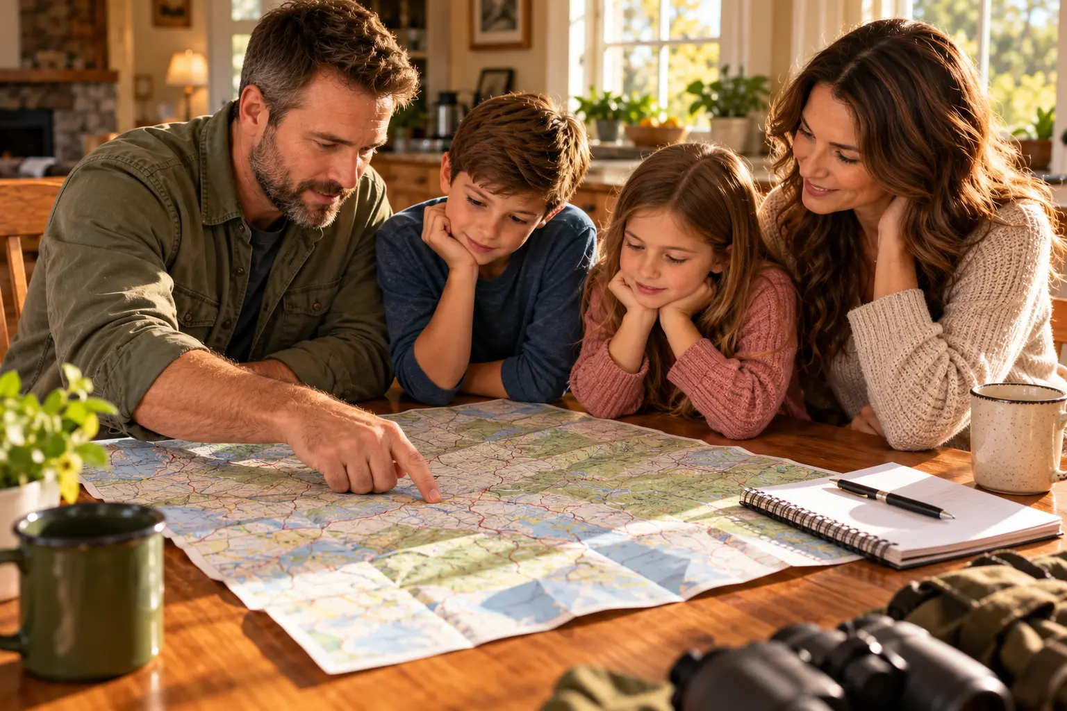 Family gathered around a table reviewing a map and notebook together