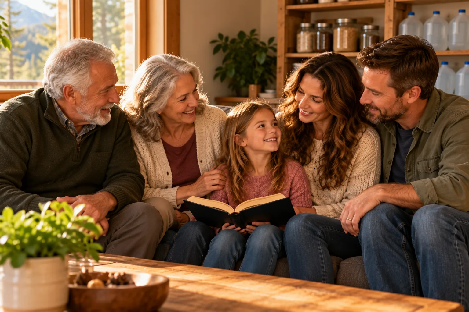 Grandparents, parents and a young girl reading a book together on a couch in warm afternoon light
