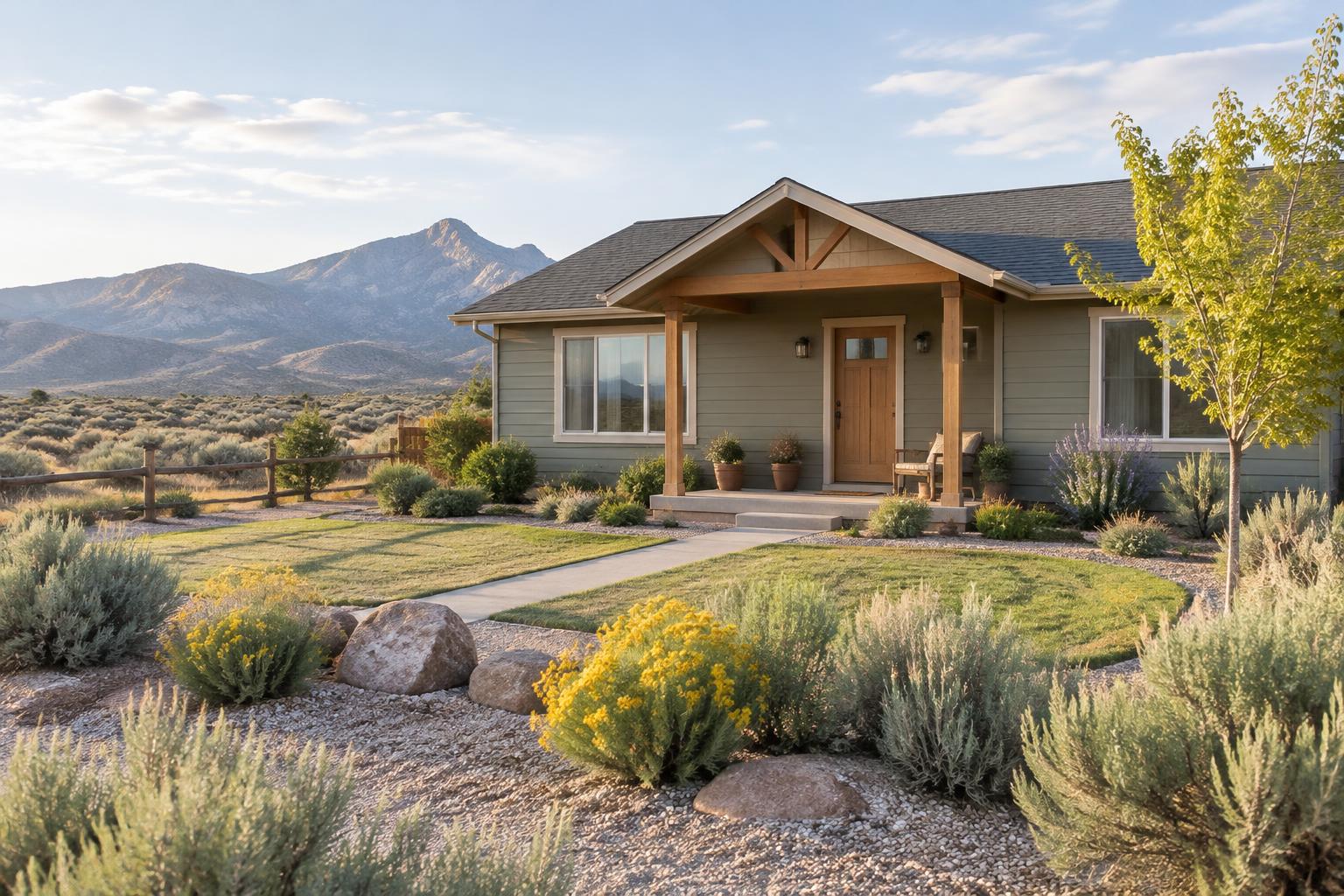 A modest, well-kept single-story home in the high desert with a tidy yard on a sunny morning