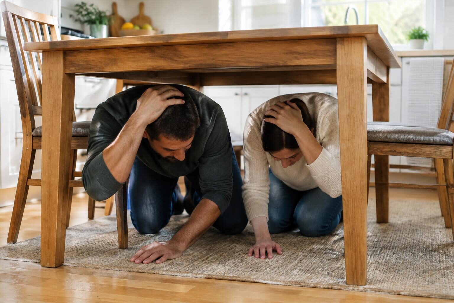 A family practicing Drop, Cover and Hold On under a sturdy kitchen table