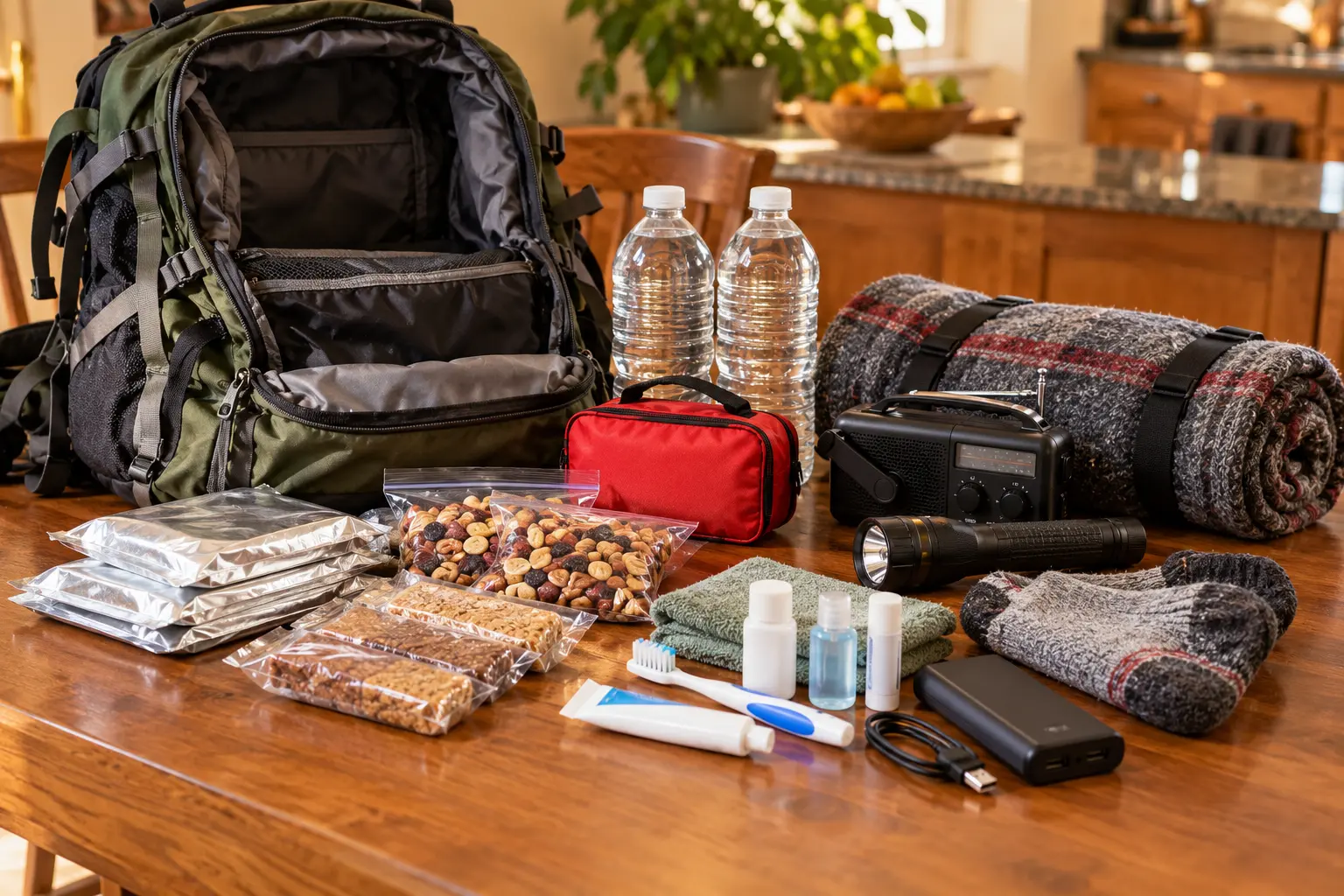 Open emergency backpack with water, food, flashlight, blanket and first-aid supplies on a kitchen table