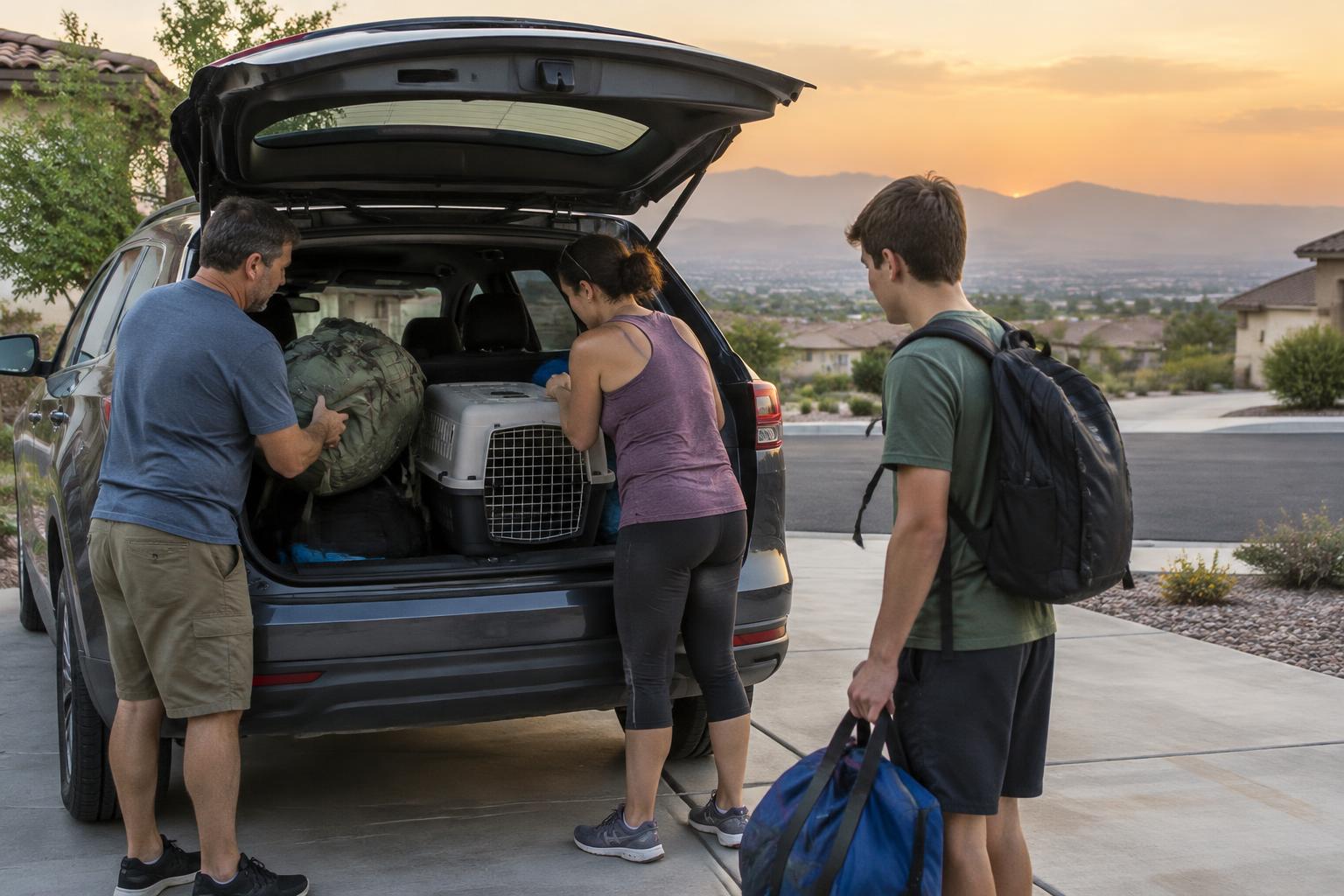 A family loading go bags and a pet carrier into a car parked facing out of the driveway, with hazy orange sky in the distance