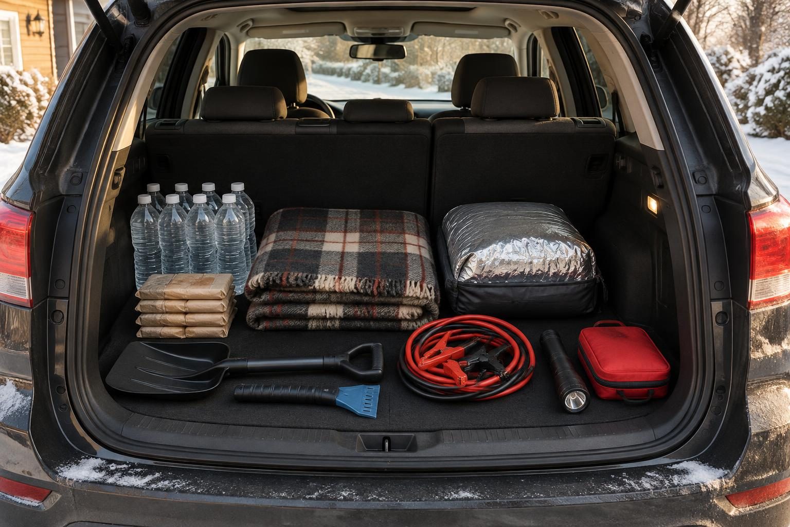 Open SUV hatch with a packed winter emergency car kit in the snow