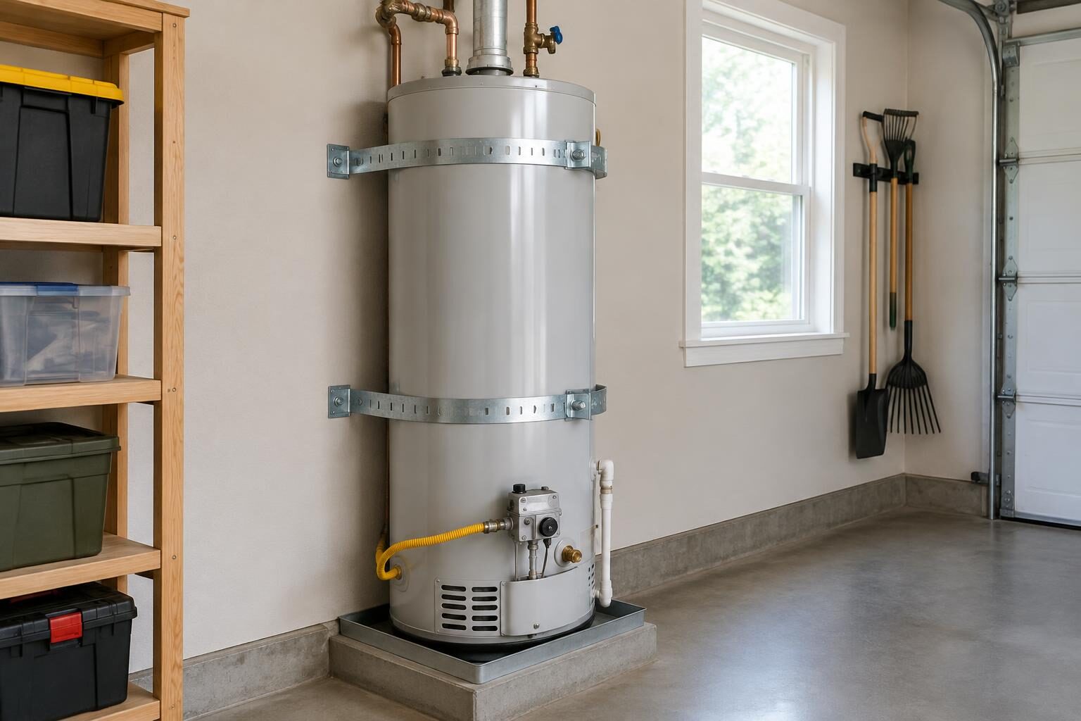 A water heater secured to the wall with metal earthquake straps in a garage