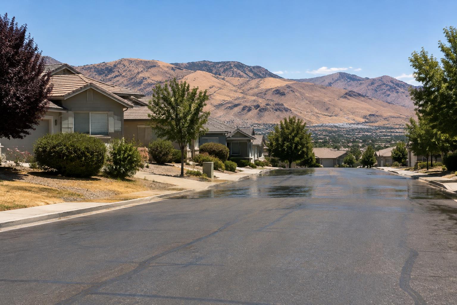 A quiet Reno-area street on a bright, hot summer afternoon with heat shimmer over the pavement and dry hills behind