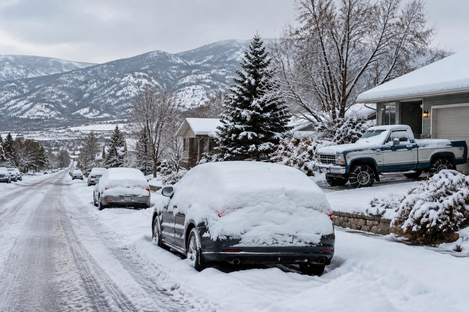 Residential street buried in deep snow with cars covered along the curb