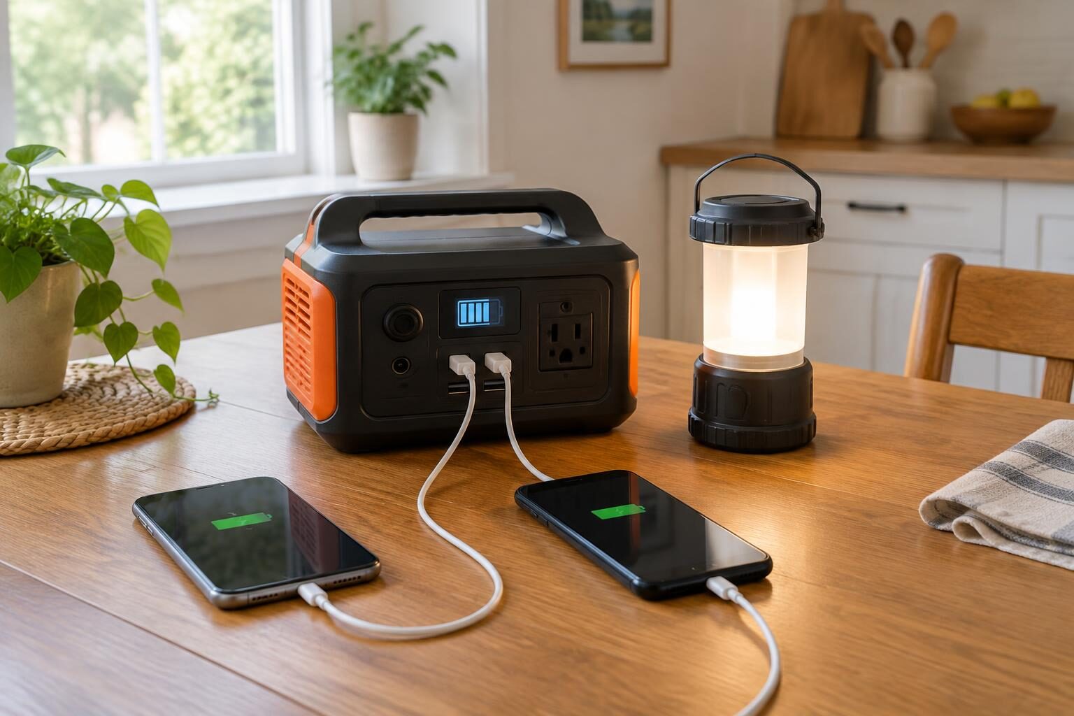A small portable solar power station charging phones and a lantern on a kitchen table