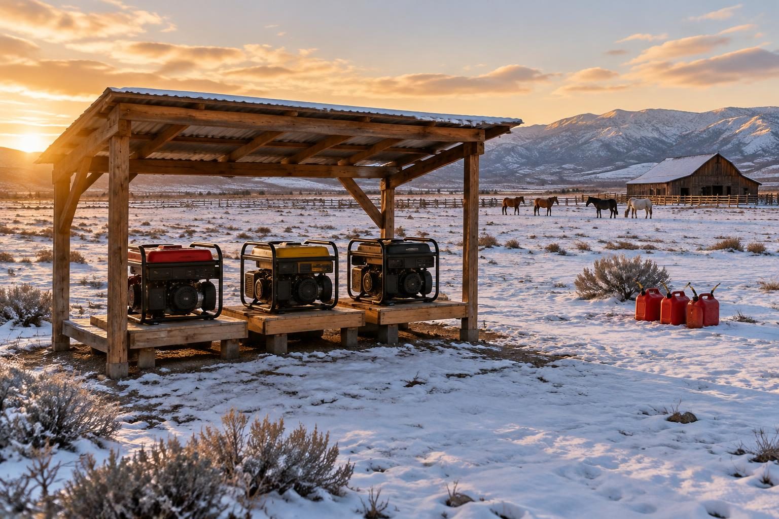 Portable generators running under a cover in the snow on a small farm