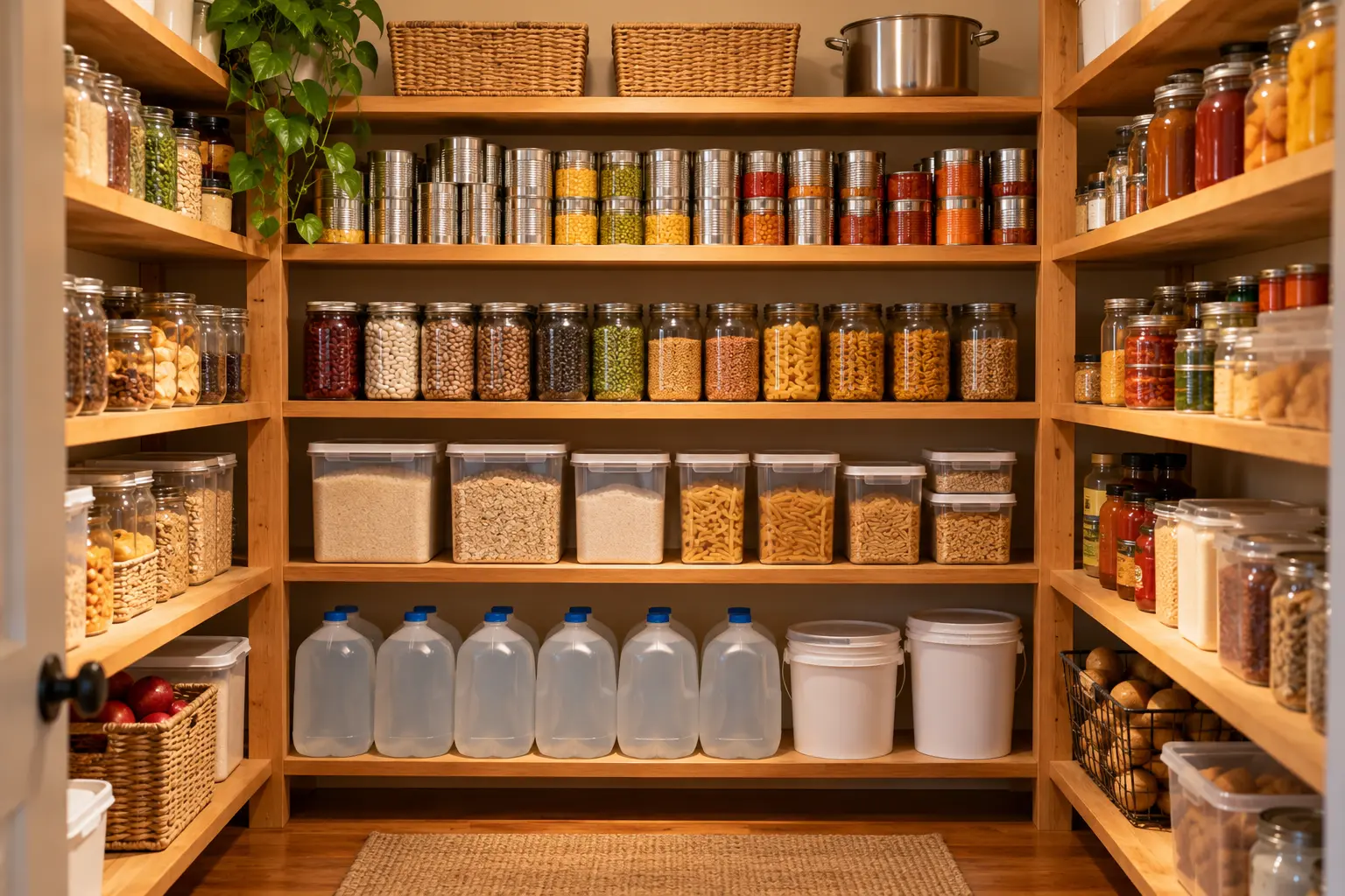 Wooden pantry shelves stocked with canned foods, grains and drinking water