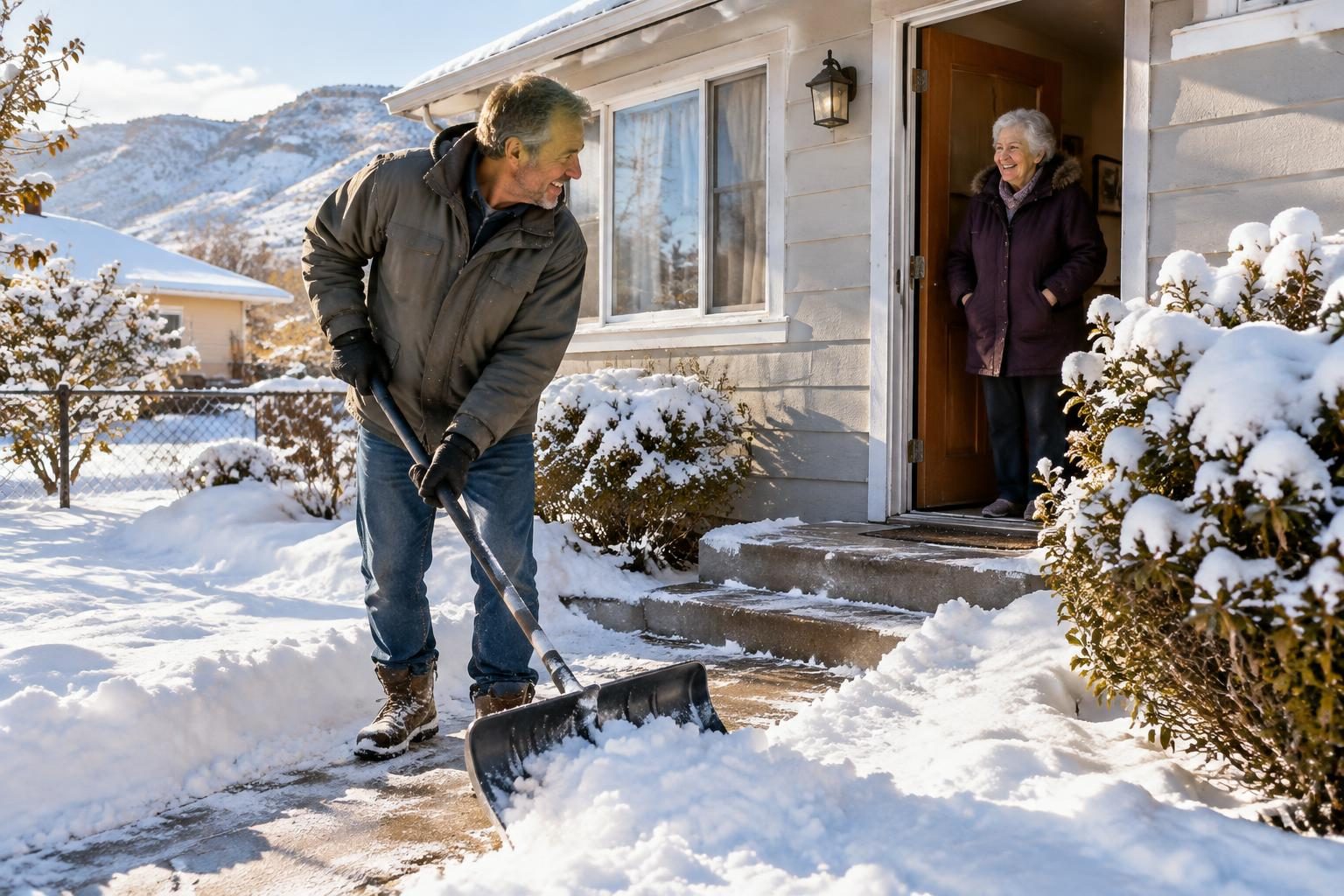 Man shoveling an older neighbor's walk on a bright morning after a snowstorm