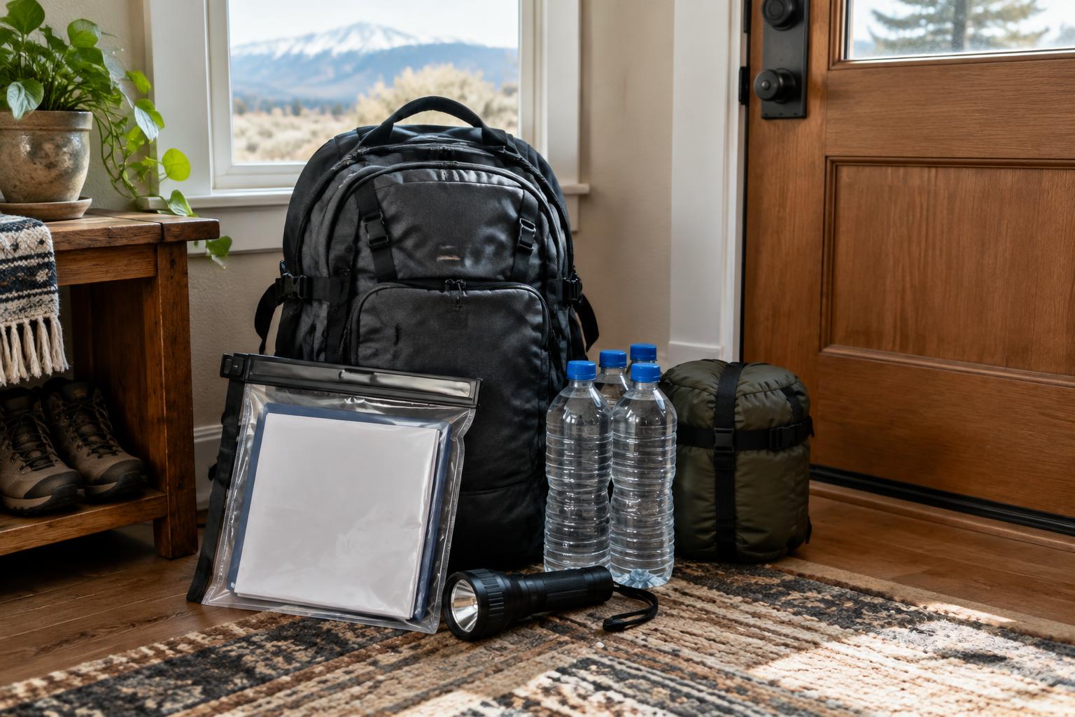 A packed grab-and-go bag with a waterproof document pouch, flashlight and water bottles by a front door