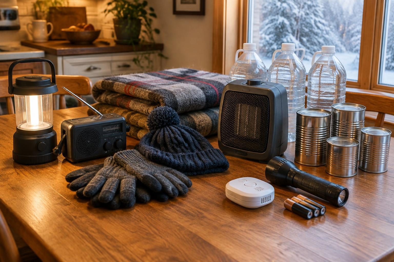 Winter storm supplies laid out on a kitchen table by a frosty window