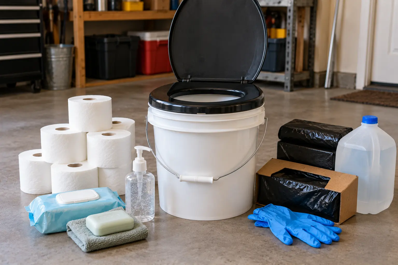 Emergency hygiene station in a garage with a bucket toilet, soap, wipes, gloves and water