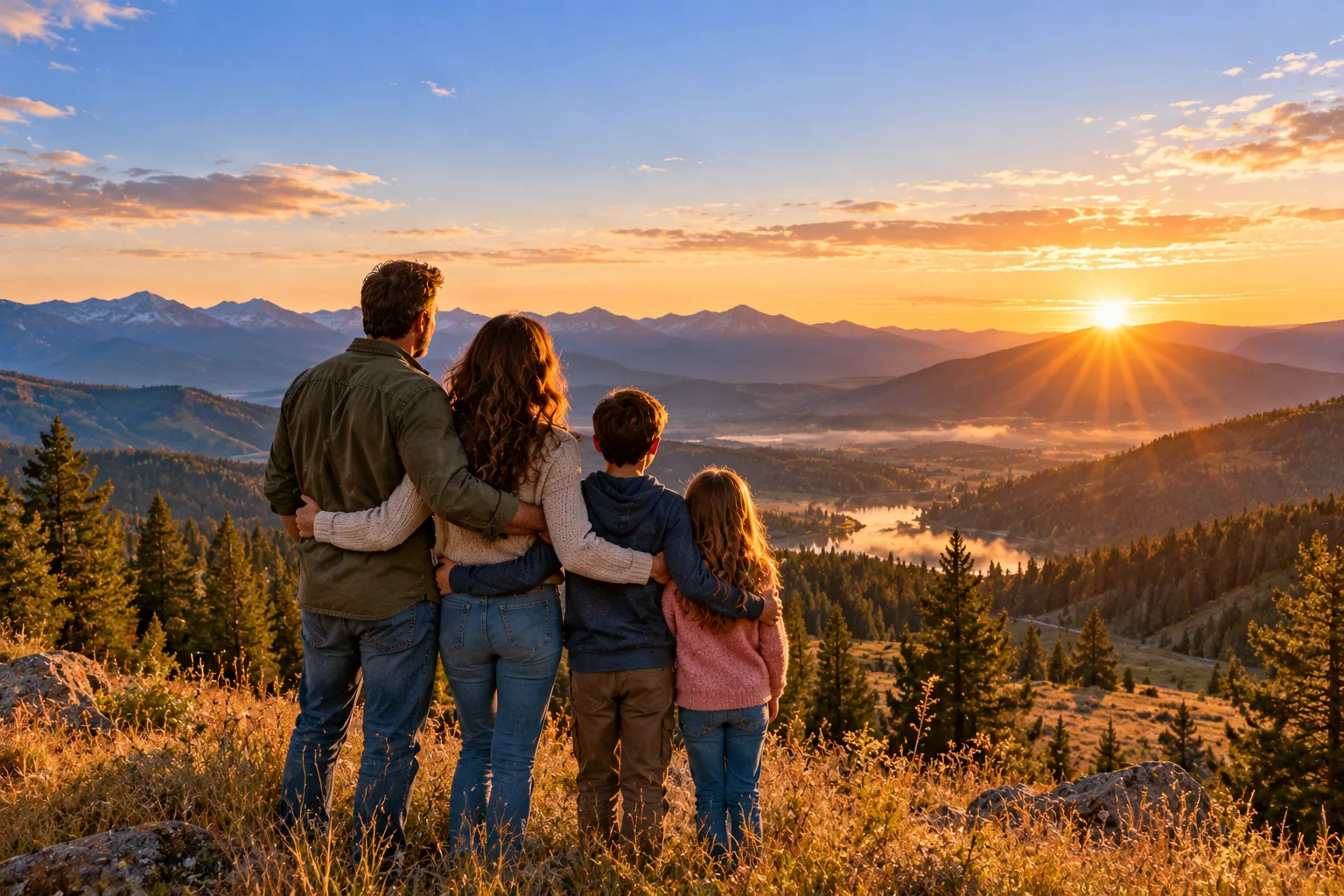 Family of four standing arm in arm on a hilltop watching sunrise over a mountain valley