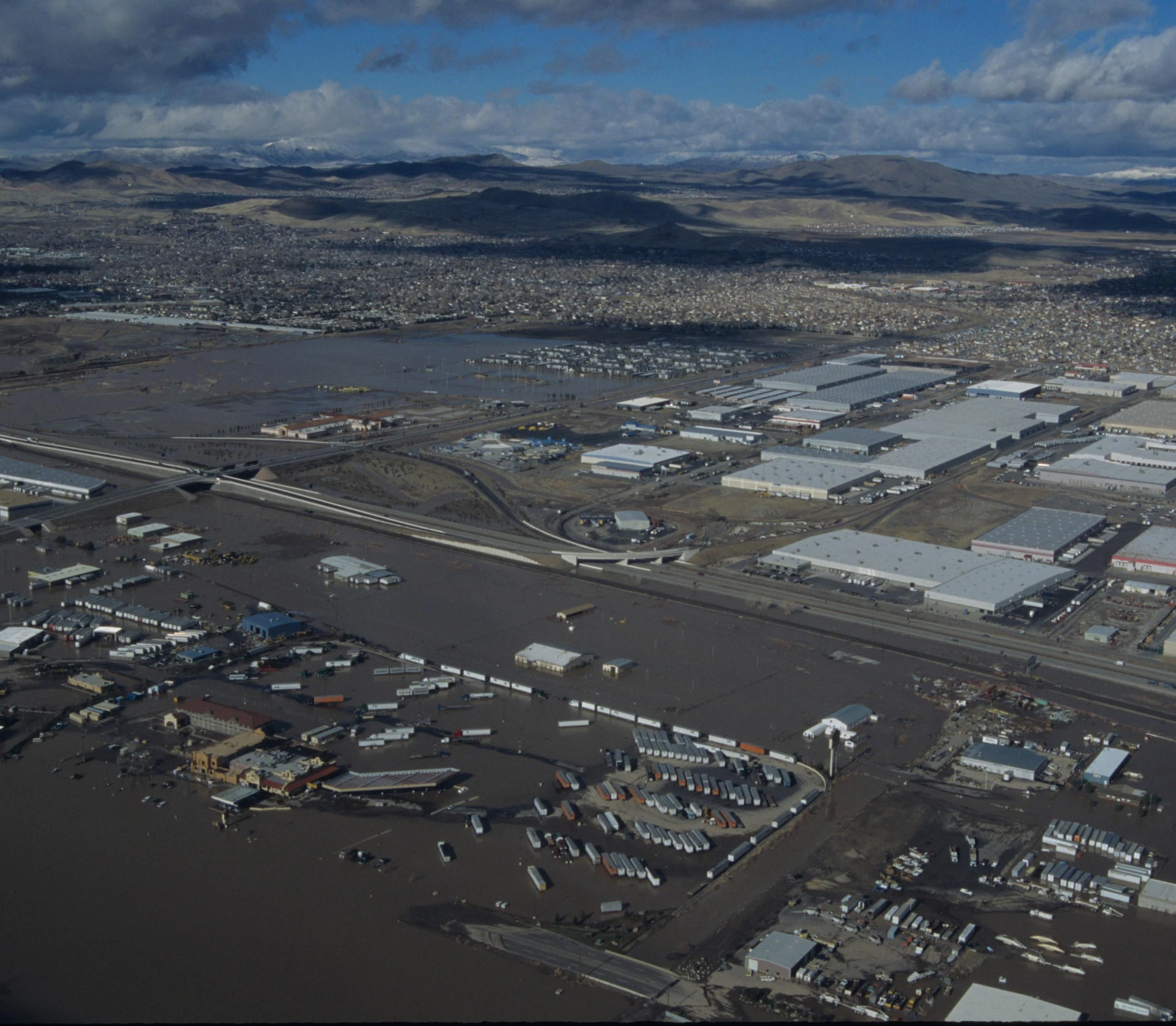 Floodwater covers the industrial area along I-80, January 1997.