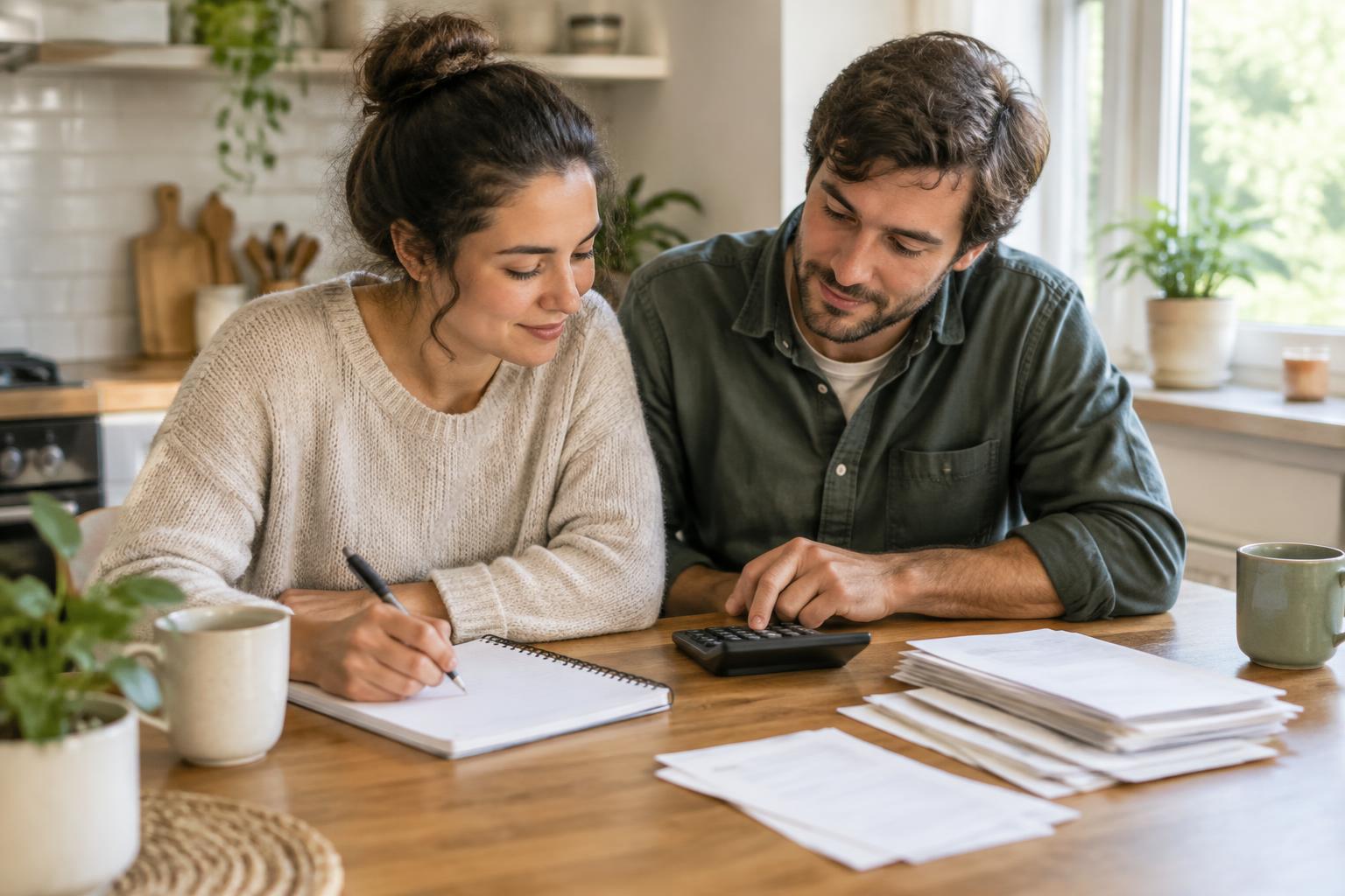 A couple sitting at a kitchen table with a notebook, a calculator and a stack of bills, working on their budget together