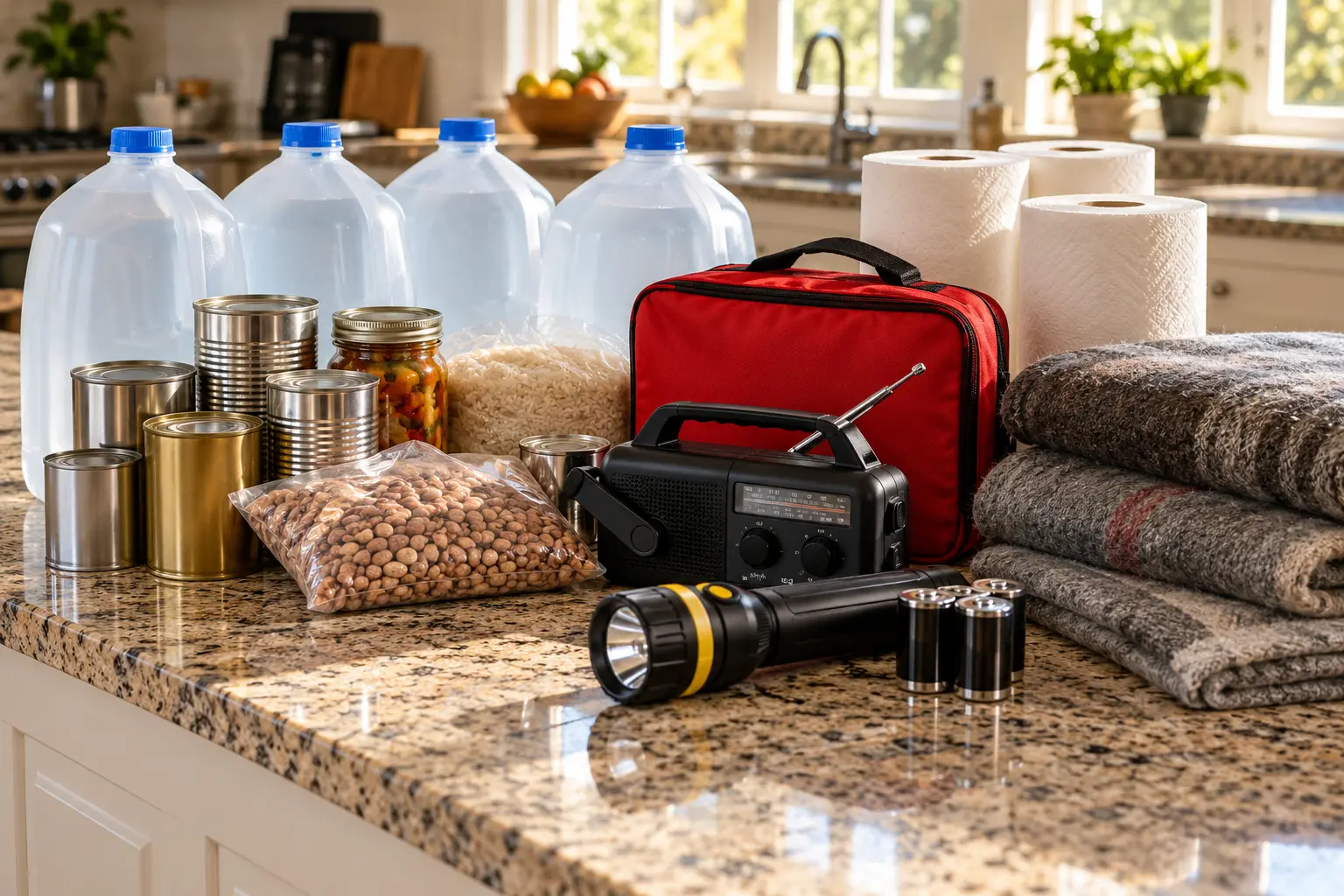 Water jugs, canned food, grains, blankets, a flashlight and first-aid kit on a bright kitchen counter
