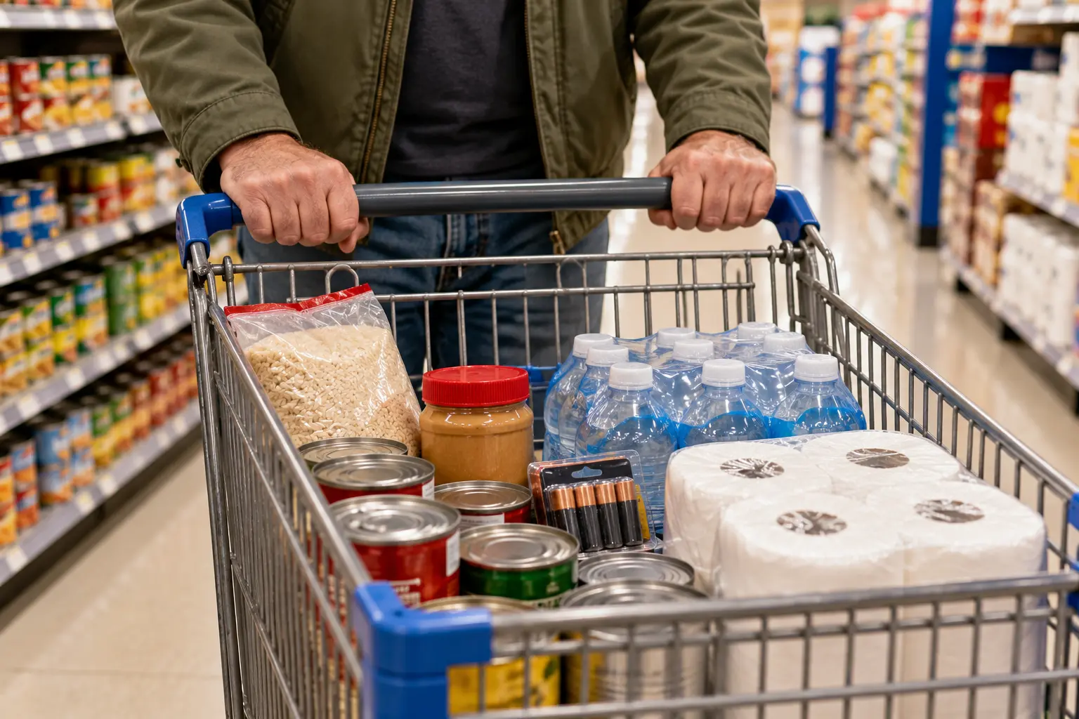Grocery cart holding affordable pantry foods, bottled water and household essentials
