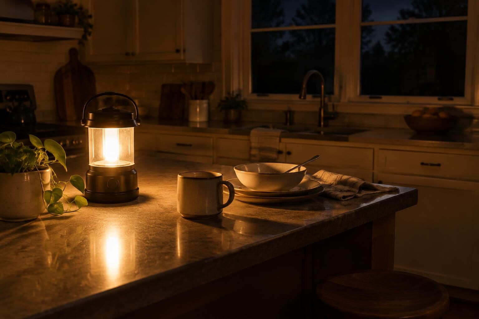 A kitchen at dusk during a power outage, lit by a battery lantern on the counter
