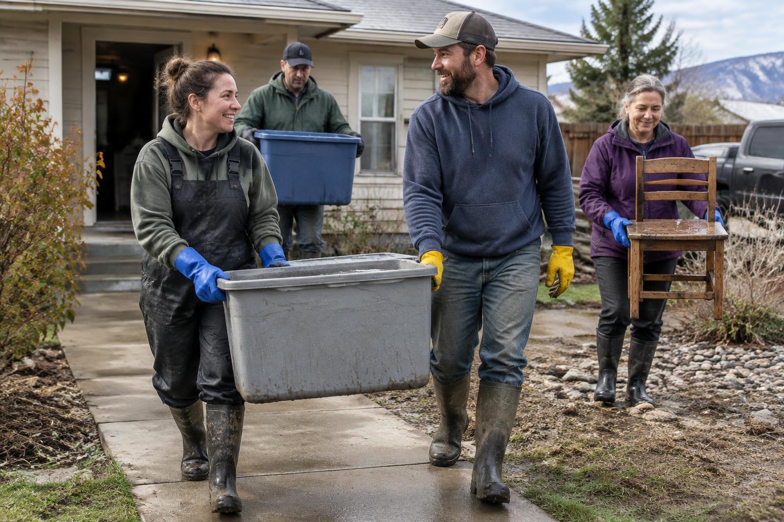 Neighbors in rubber boots and gloves helping each other carry wet belongings out of a house after a flood