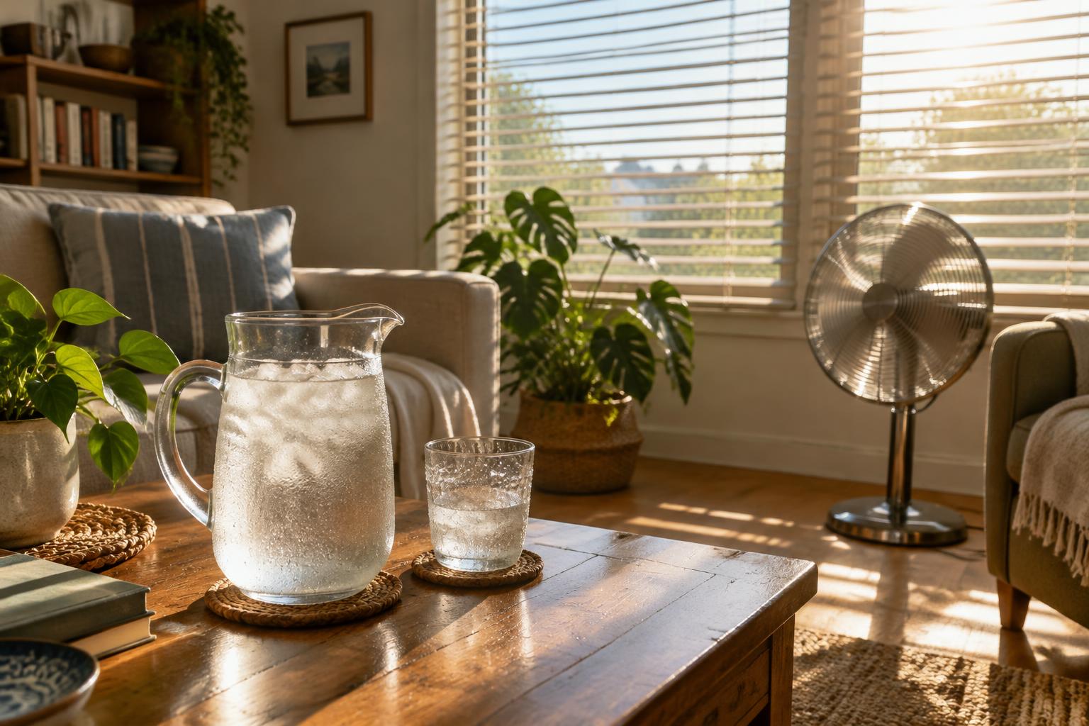 A living room with the blinds partly closed against bright afternoon sun, a fan running, and a pitcher of ice water on the table